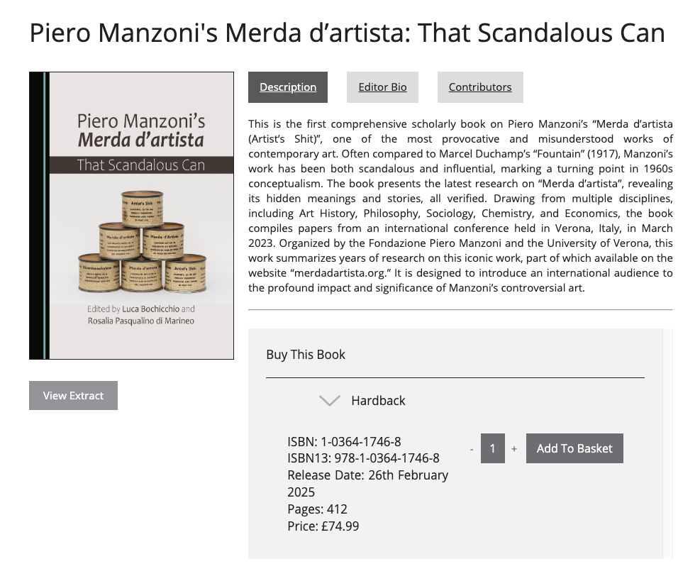 Piero Manzoni’s Merda d’artista: That Scandalous Can, https://www.cambridgescholars.com/product/978-1-0364-1746-8/